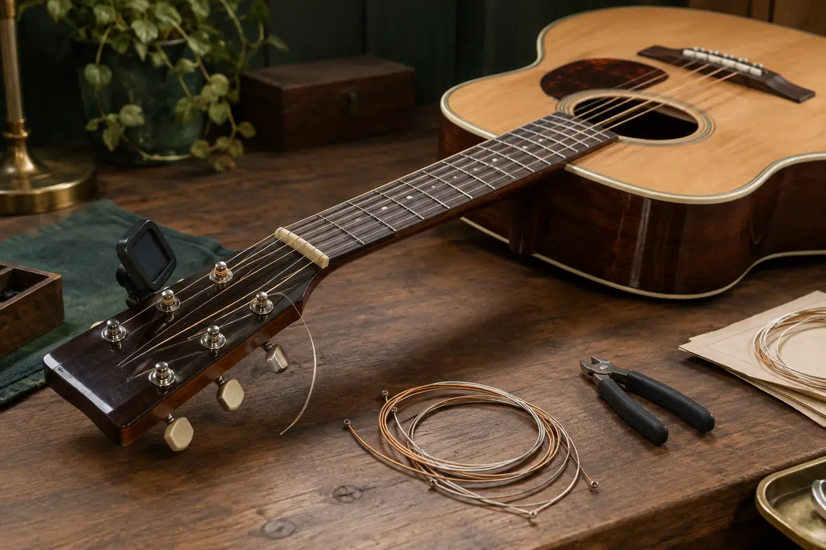 Guitare acoustique avec cordes neuves et accordeur à pince posé sur la tête