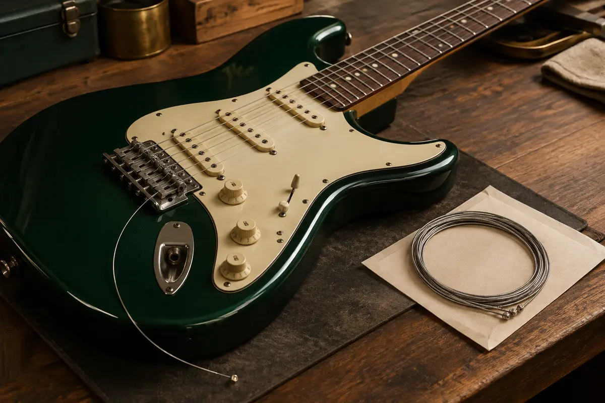 Corde de rechange posée près du chevalet d’une guitare électrique sur un établi