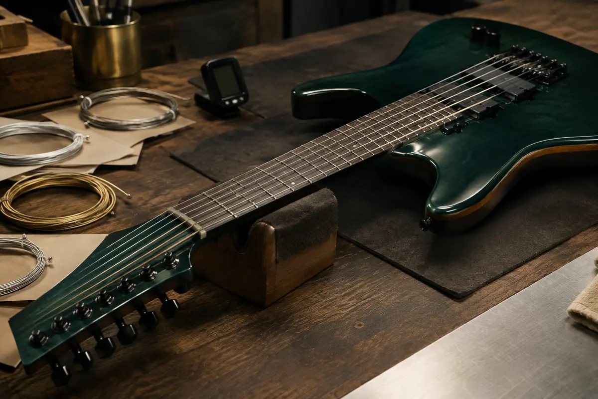 Gros plan d’une guitare électrique à sept cordes montrant le manche, le sillet et la corde grave.