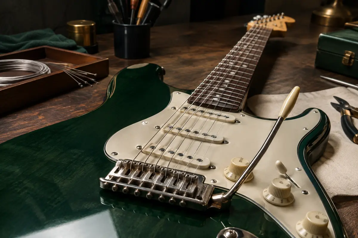 Gros plan d’une guitare électrique montrant les cordes tendues le long du manche jusqu’au chevalet.