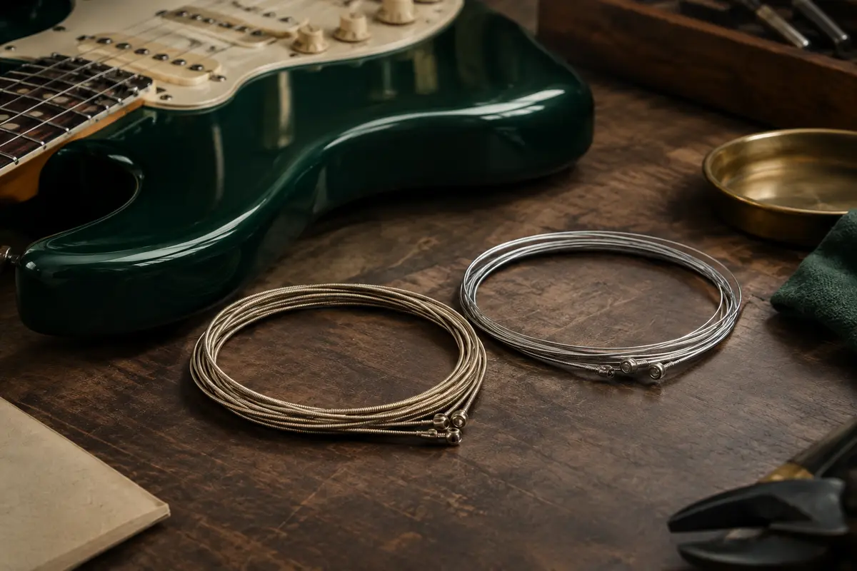 Gros plan de cordes filées pour guitare électrique, avec leurs spires métalliques visibles