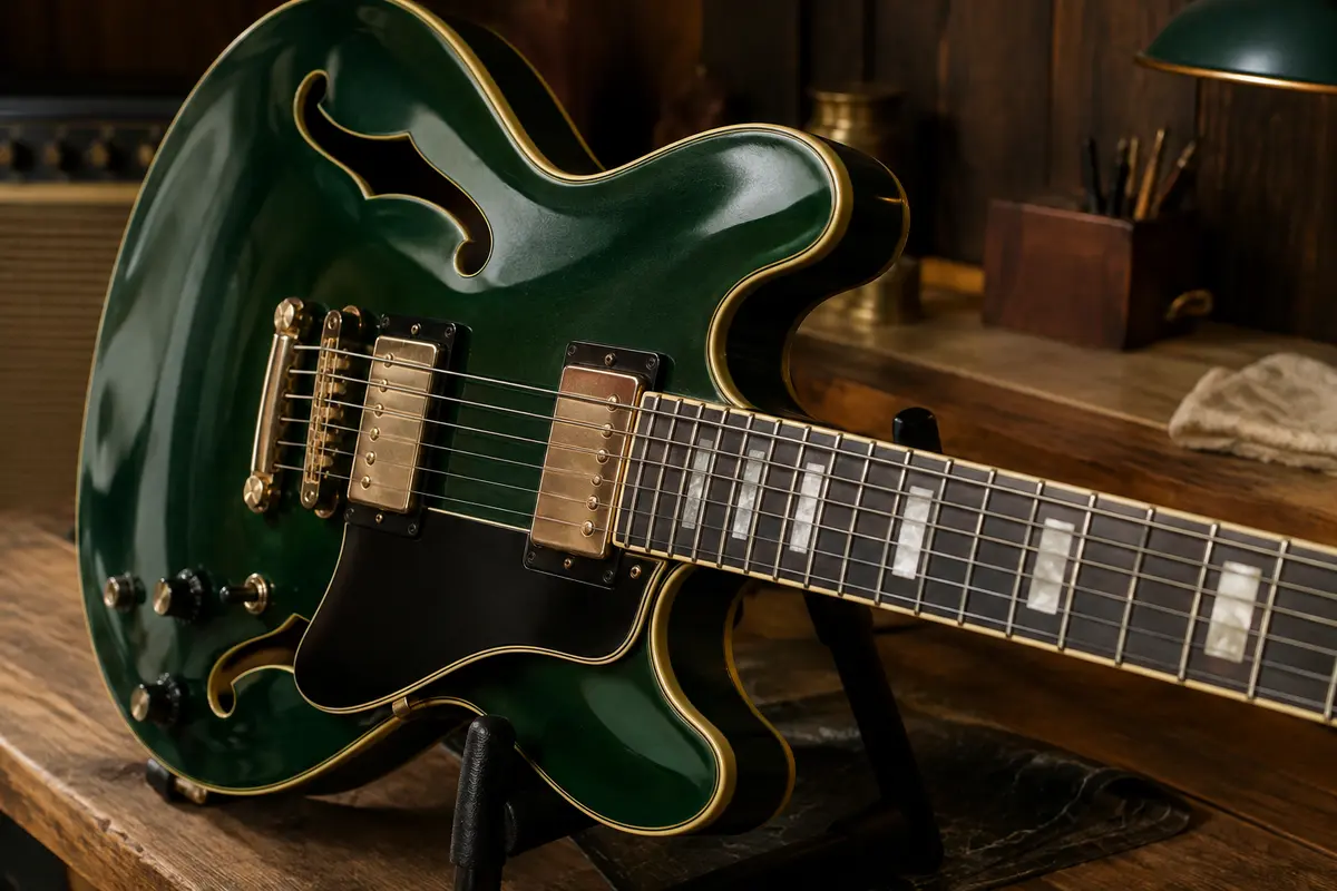 Gros plan sur les cordes lisses à filet plat montées sur le manche d’une guitare électrique