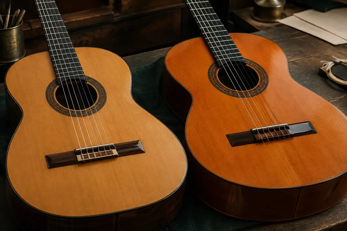Guitares classique et flamenca côte à côte, montrant leurs cordes nylon et leurs chevalets.