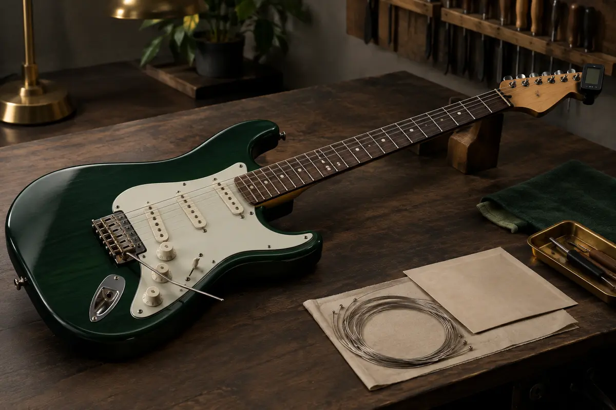 Guitare électrique et jeu de cordes posés sur un établi, avec les cordes graves bien visibles.