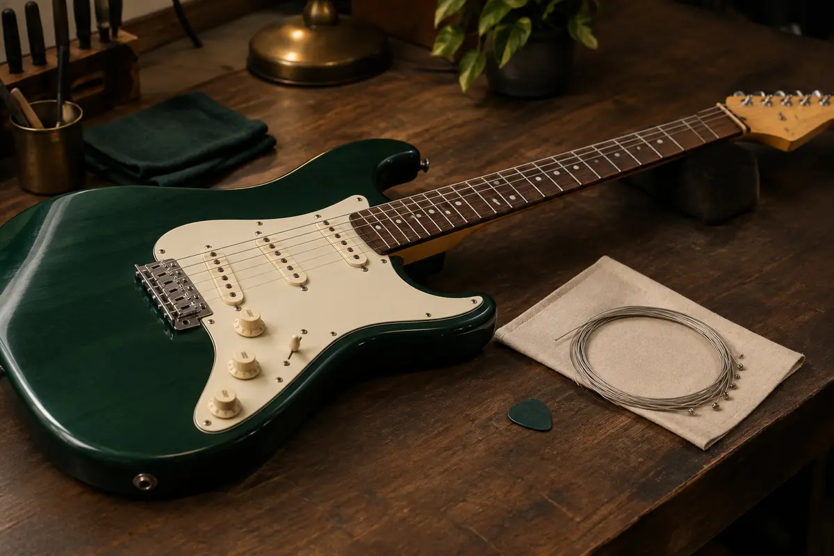 Gros plan sur les cordes fines et le manche d’une guitare électrique posée sur un établi