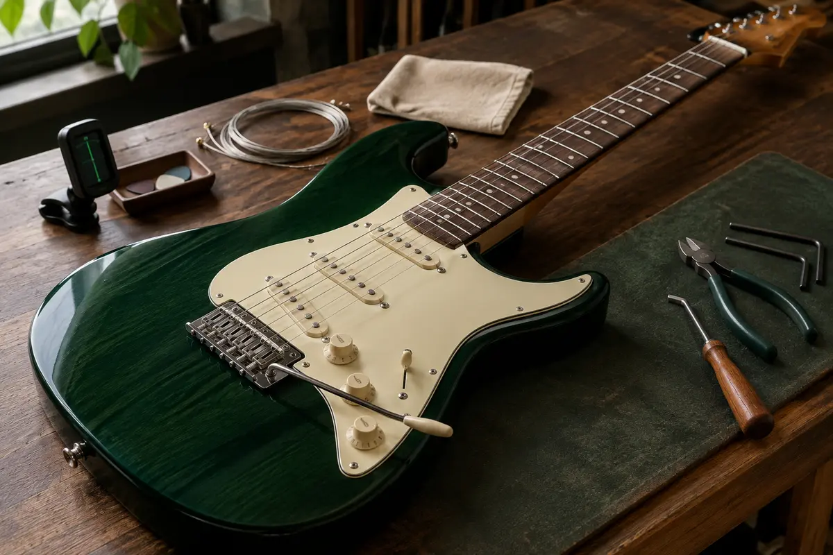Guitare électrique sur un établi, avec les cordes installées et les points de contact visibles