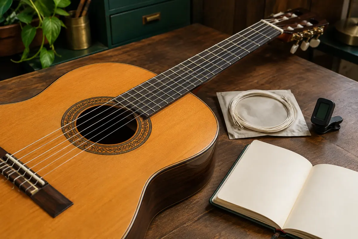 Guitare classique et cordes nylon disposées sur un établi pour illustrer le choix de tension.