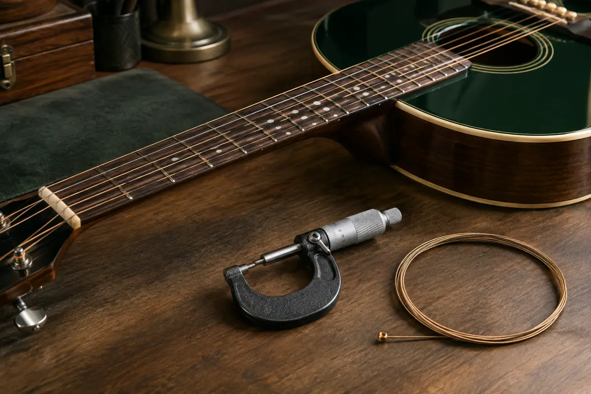 Guitare et micromètre sur un établi pour observer les cordes et mesurer leur diamètre