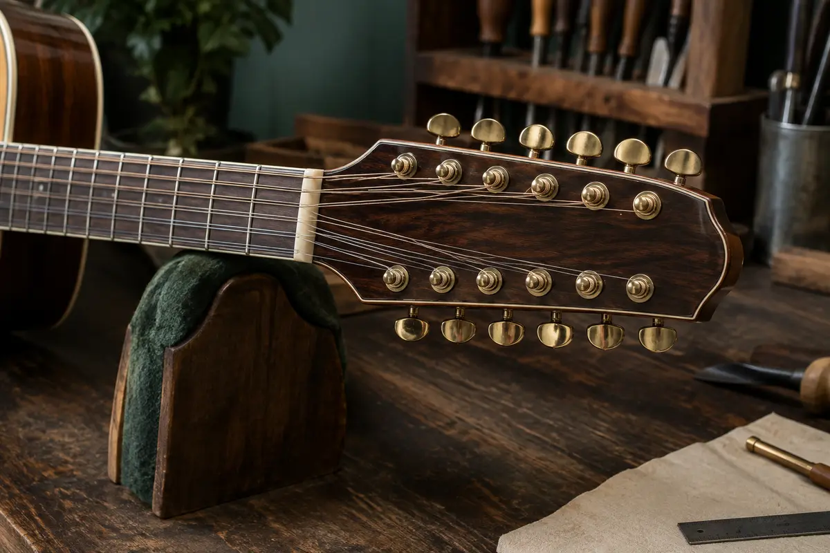 Gros plan sur les cordes doublées et les mécaniques d’une guitare acoustique à douze cordes