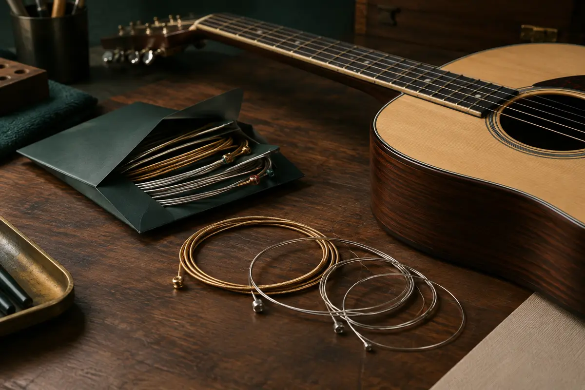 Cordes de guitare de calibres et de constructions différents posées près d’un instrument