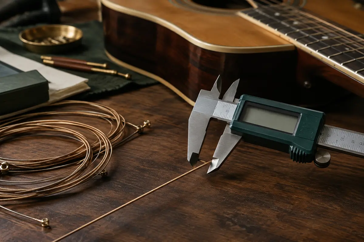 Pied à coulisse mesurant une corde de guitare détendue sur un établi