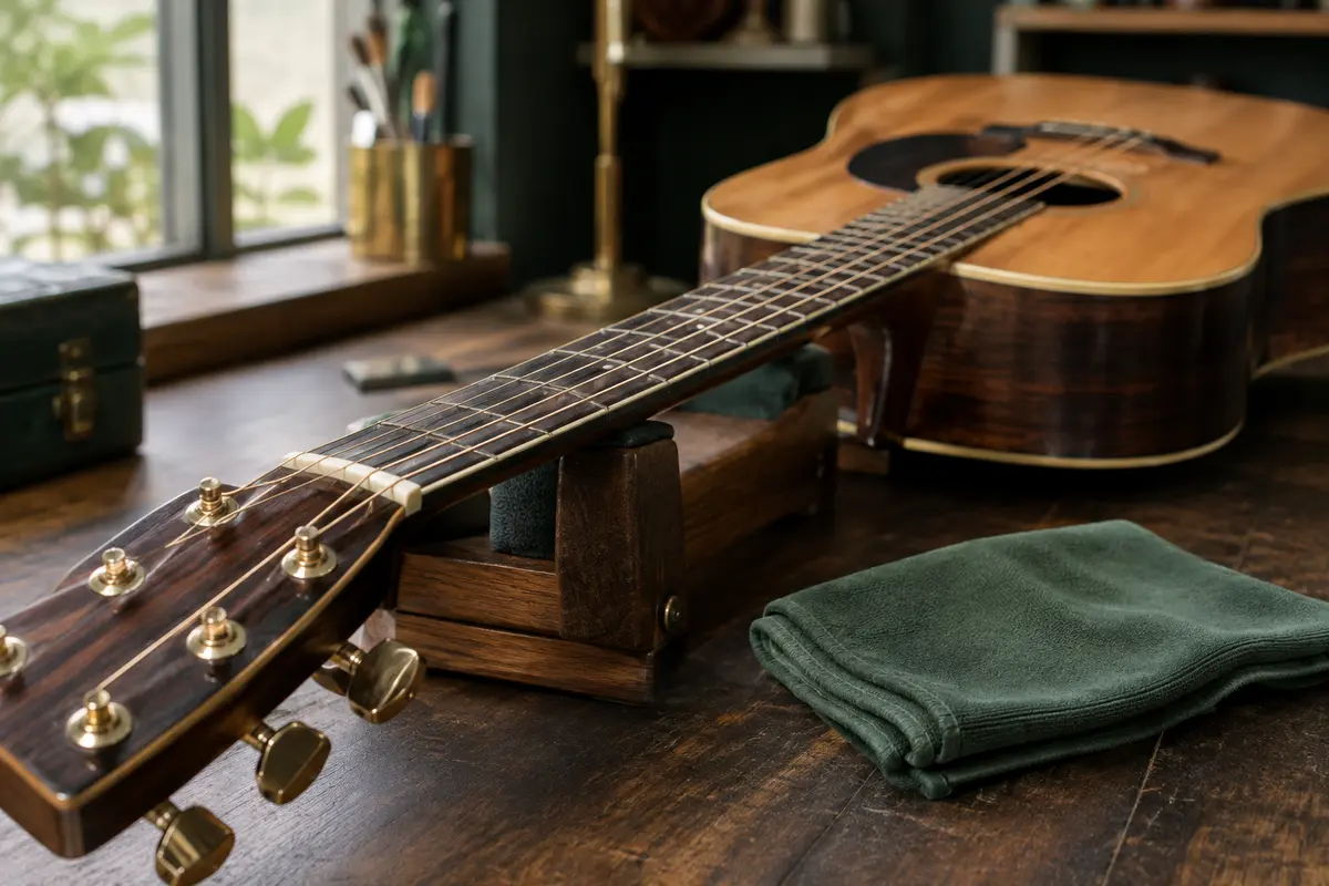 Gros plan sur les cordes d’une guitare et un chiffon en microfibre propre posé près du manche.