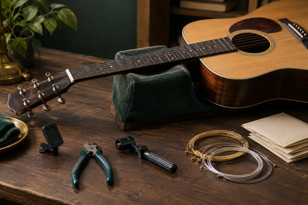 Guitare acoustique et outils pratiques pour changer les cordes posés sur une surface protégée