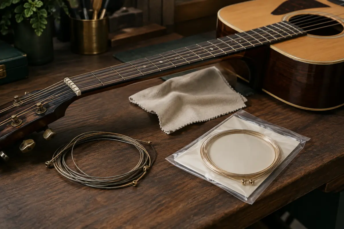 Guitare et chiffon d’entretien, avec des cordes ternies comparées à un jeu neuf.