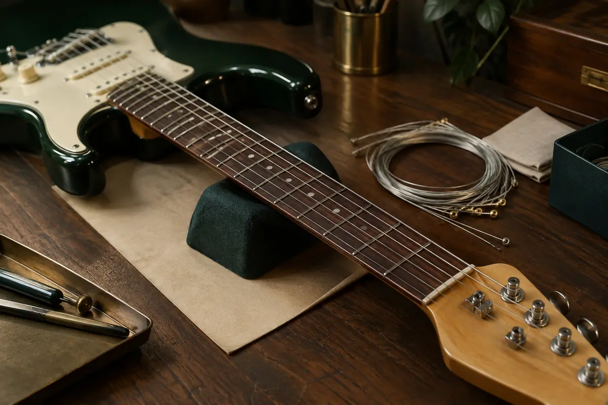 Gros plan sur les cordes métalliques d’une guitare électrique et un jeu de rechange posé à côté