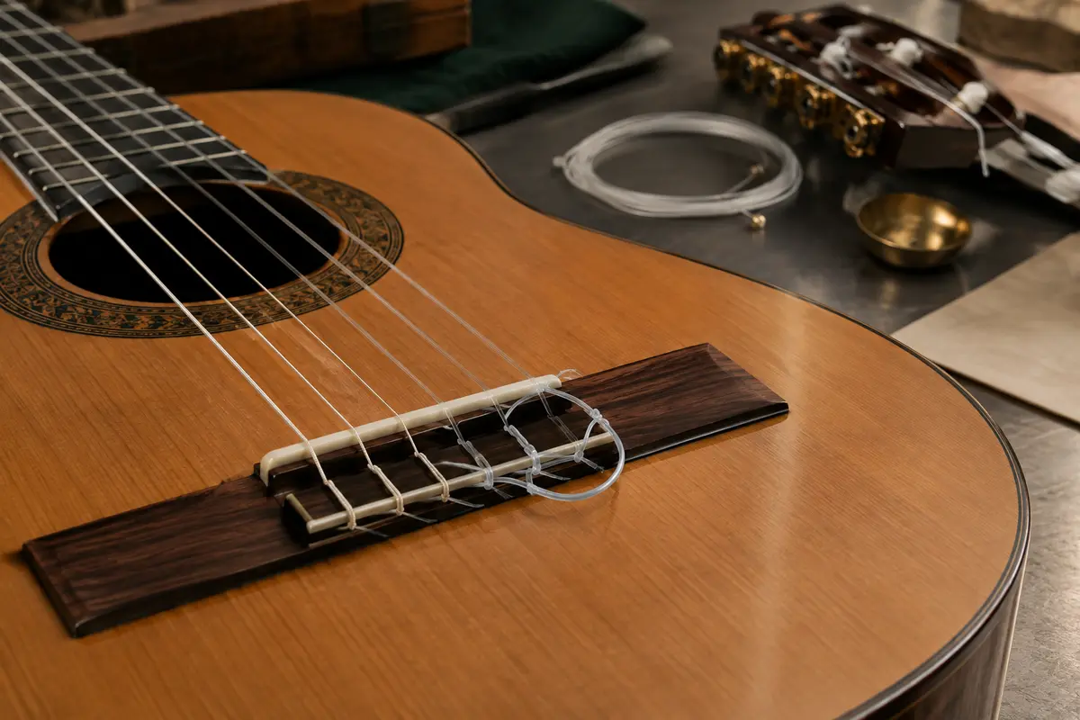 Gros plan du chevalet d’une guitare classique avec une corde nylon nouée proprement.