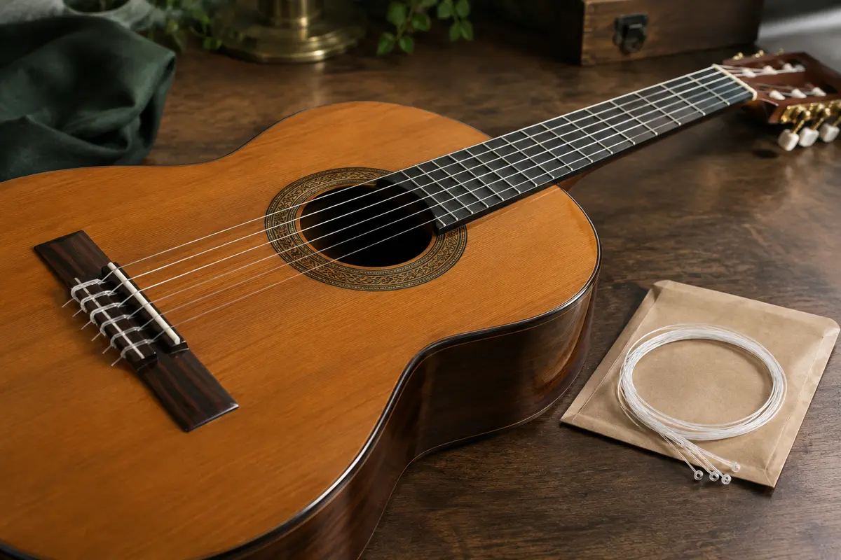 Guitare classique et jeu de cordes nylon posés côte à côte sur une surface en bois