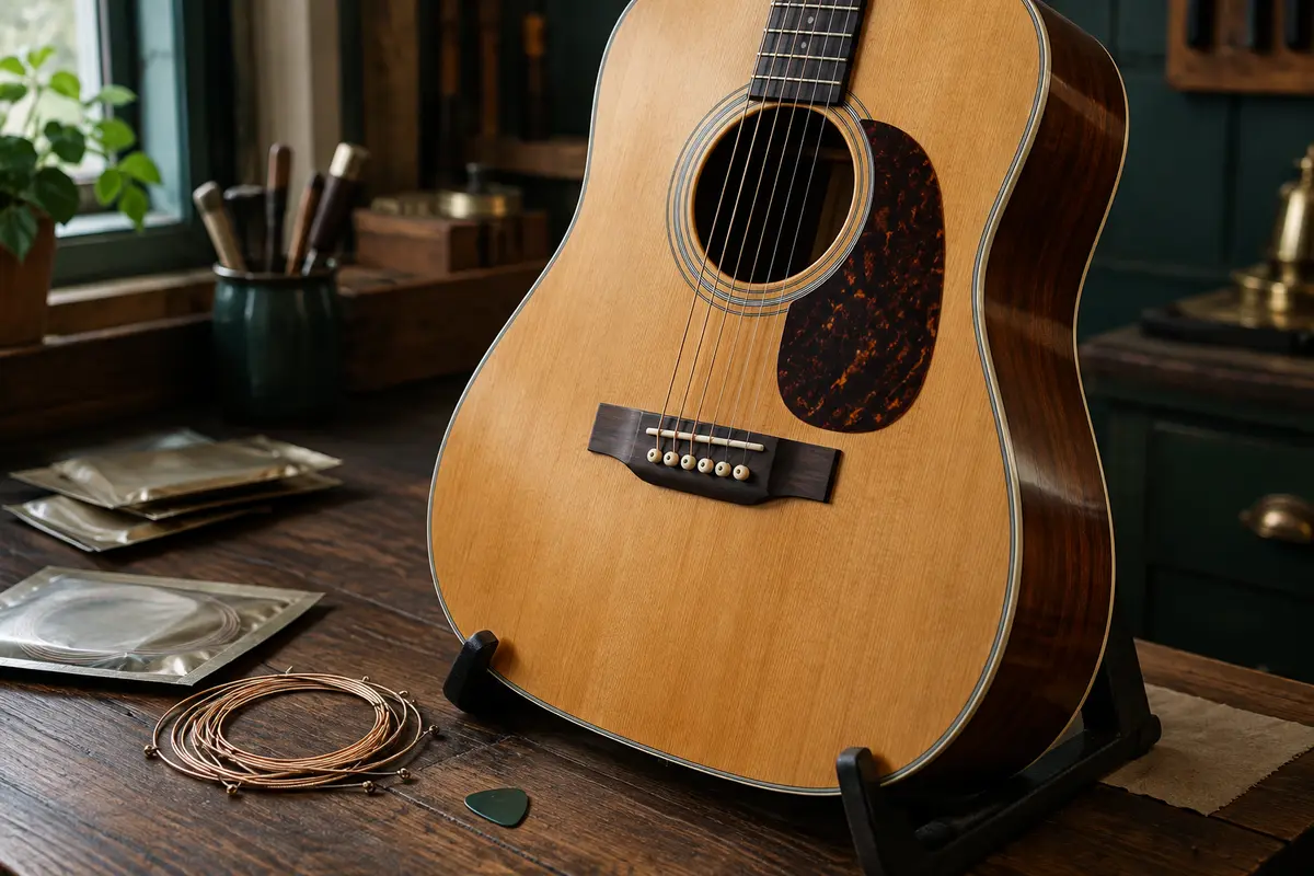 Guitare acoustique à cordes métalliques et médiator, avec le manche et le chevalet visibles