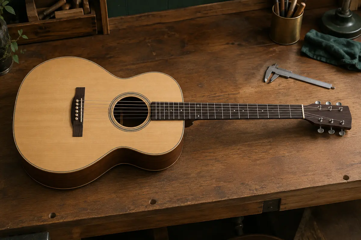 Guitare acoustique baryton à six cordes posée sur un établi d’atelier, avec un pied à coulisse près du manche.