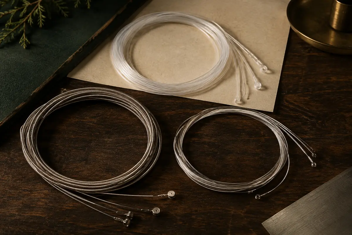 Trois jeux de cordes classiques, aigus en nylon clair et basses argentées, posés sur un fond de bois sombre.
