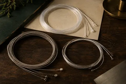 Trois jeux de cordes classiques, aigus en nylon clair et basses argentées, posés sur un fond de bois sombre.