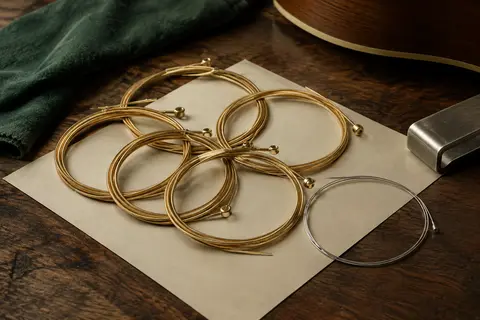 Jeu de cordes dorées pour guitare acoustique, enroulées sur un établi en bois sombre