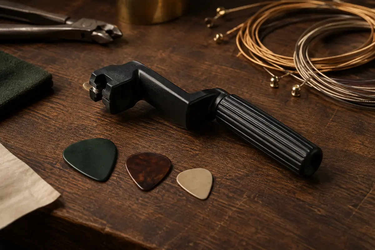 Manivelle noire pour changer les cordes d’une guitare, accompagnée de trois médiators