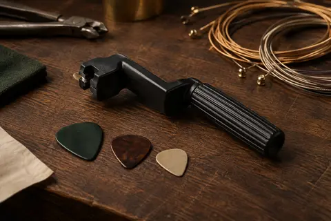 Manivelle noire pour changer les cordes d’une guitare, accompagnée de trois médiators
