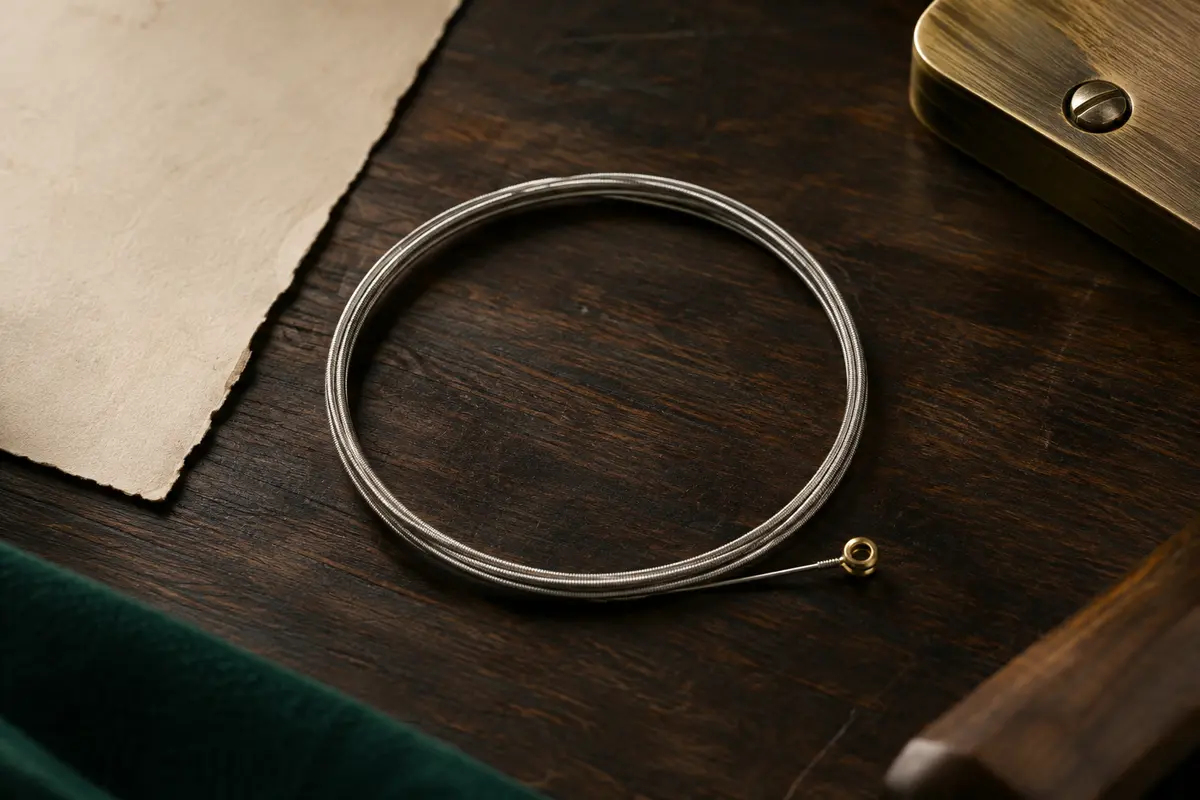 Corde de guitare électrique filée en nickel, enroulée sur un fond de bois sombre et de papier ivoire.