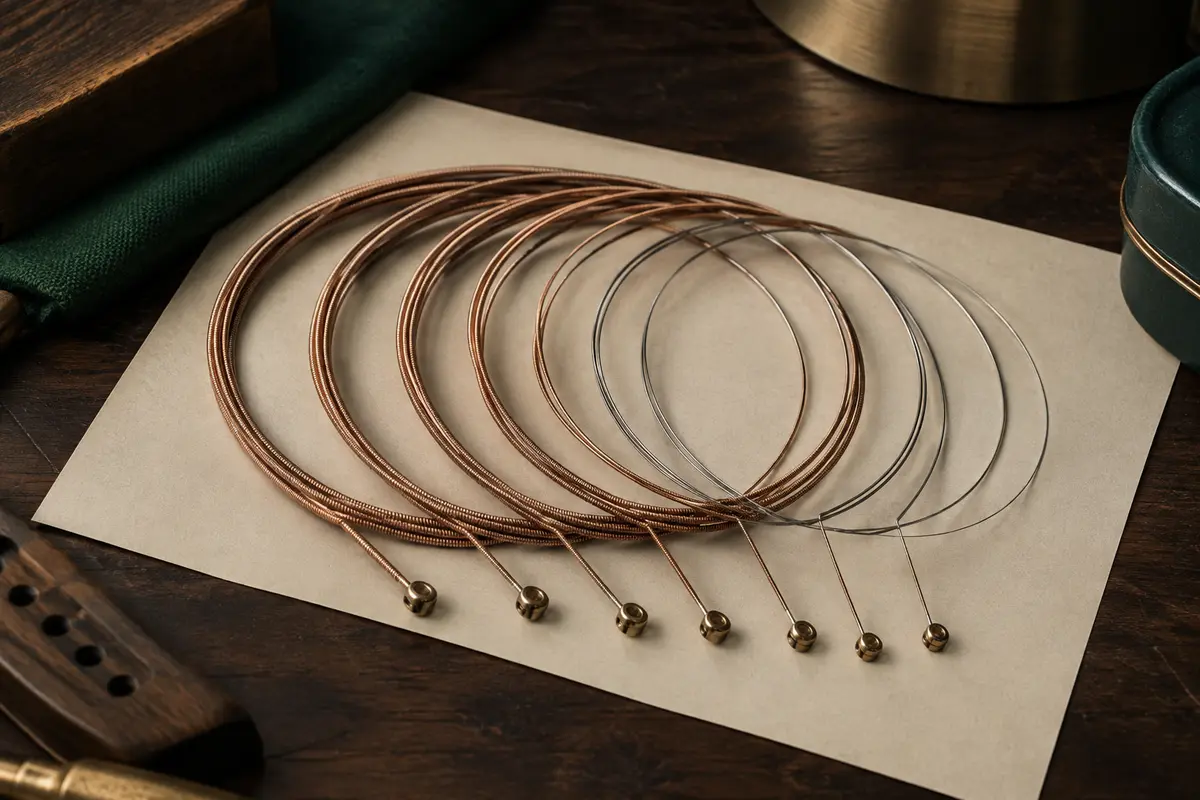 Jeu de cordes acoustiques baryton en bronze phosphoreux posé sur un fond de bois sombre