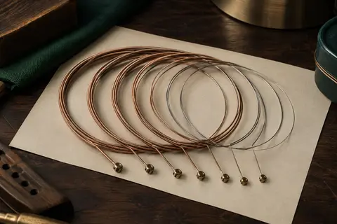 Jeu de cordes acoustiques baryton en bronze phosphoreux posé sur un fond de bois sombre