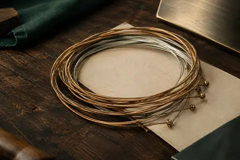 Cordes acoustiques D’Addario EJ11 en bronze 80/20 présentées sur un fond d’atelier en bois sombre.