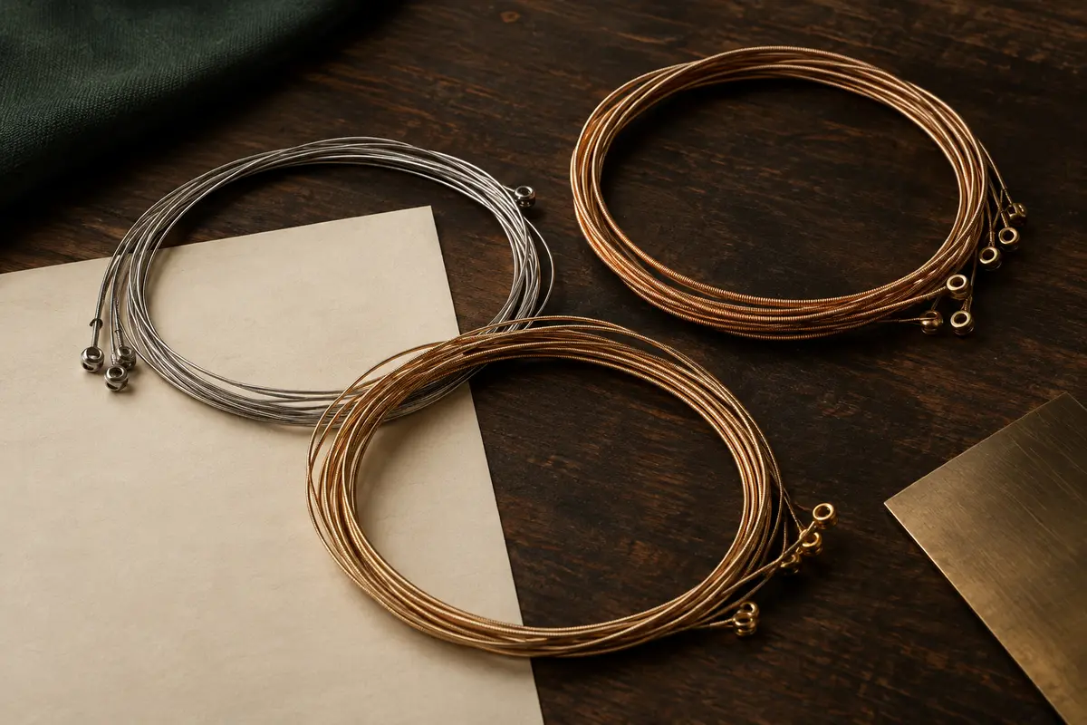Trois jeux de cordes acoustiques aux reflets bronze posés sur du bois sombre et du papier ivoire.