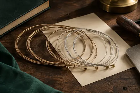 Jeu de six cordes acoustiques D’Addario EJ40 enroulées sur un établi en bois sombre