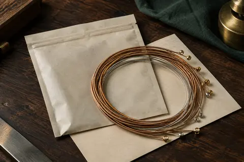 Cordes acoustiques enroulées aux reflets bronze, posées avec une pochette neutre sur un fond de bois sombre.
