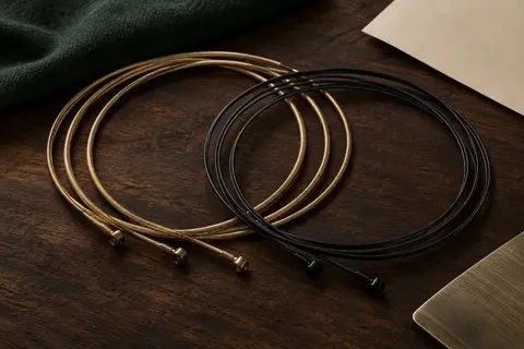 Jeu de cordes classiques avec aigus en nylon noir et cordes graves filetées posé sur du bois sombre.