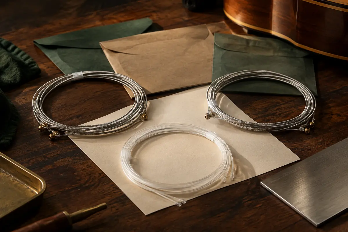 Trois jeux de cordes nylon pour guitare classique, avec aiguës transparentes et graves argentées.