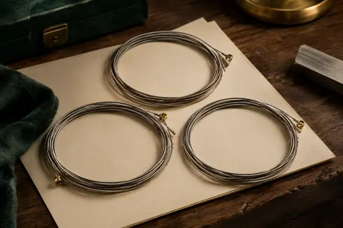 Trois jeux de cordes métalliques nickelées pour guitare électrique disposés sur un établi en bois sombre.