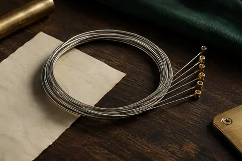 Jeu de cordes électriques argentées enroulées sur un fond de bois sombre et de papier ivoire.