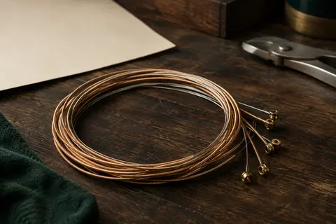 Jeu de cordes acoustiques Flat Tops enroulées, aux spires bronze et acier, sur un établi en bois sombre.