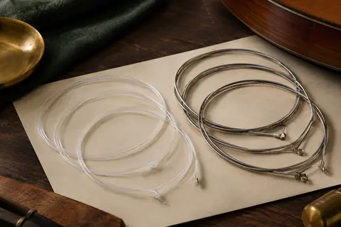 Jeu de cordes nylon pour guitare classique, avec aiguës transparentes et basses filées argentées
