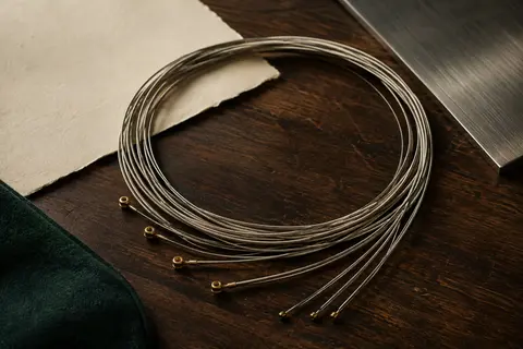 Cordes métalliques nickelées pour guitare électrique enroulées sur une surface de bois sombre.