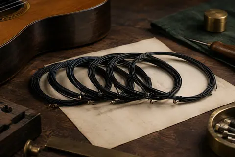 Jeu complet de cordes noires en nylon composite posé sur un établi de lutherie en bois sombre.