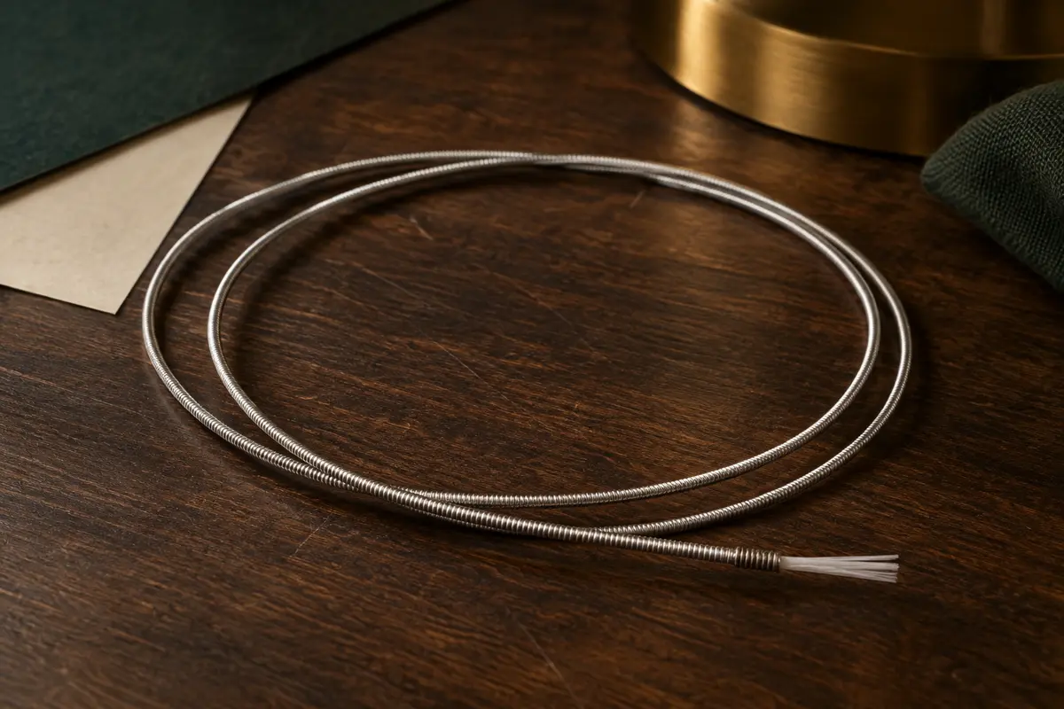 Corde de ré filée argentée pour guitare classique, enroulée en larges boucles sur un plateau de bois sombre