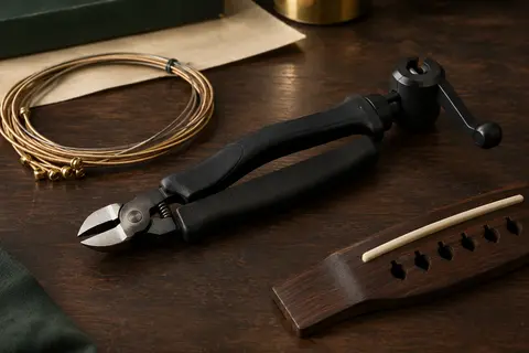Outil noir tout-en-un pour cordes, en forme de pince à mâchoires coupantes, avec manivelle pivotante et encoche d’extraction de chevilles, posé sur un établi en bois sombre.