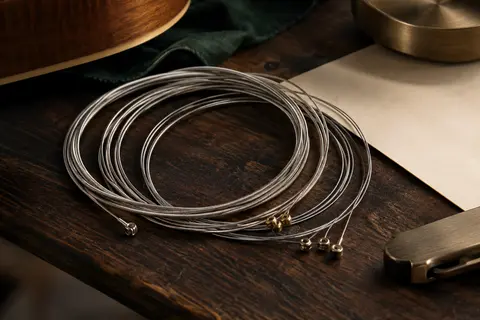 Jeu de cordes métalliques argentées pour guitare acoustique posé sur un fond de bois sombre