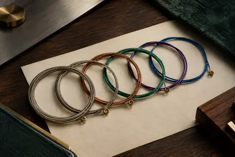 Jeu de six cordes électriques enduites aux teintes multicolores, enroulées sur un fond de bois sombre.