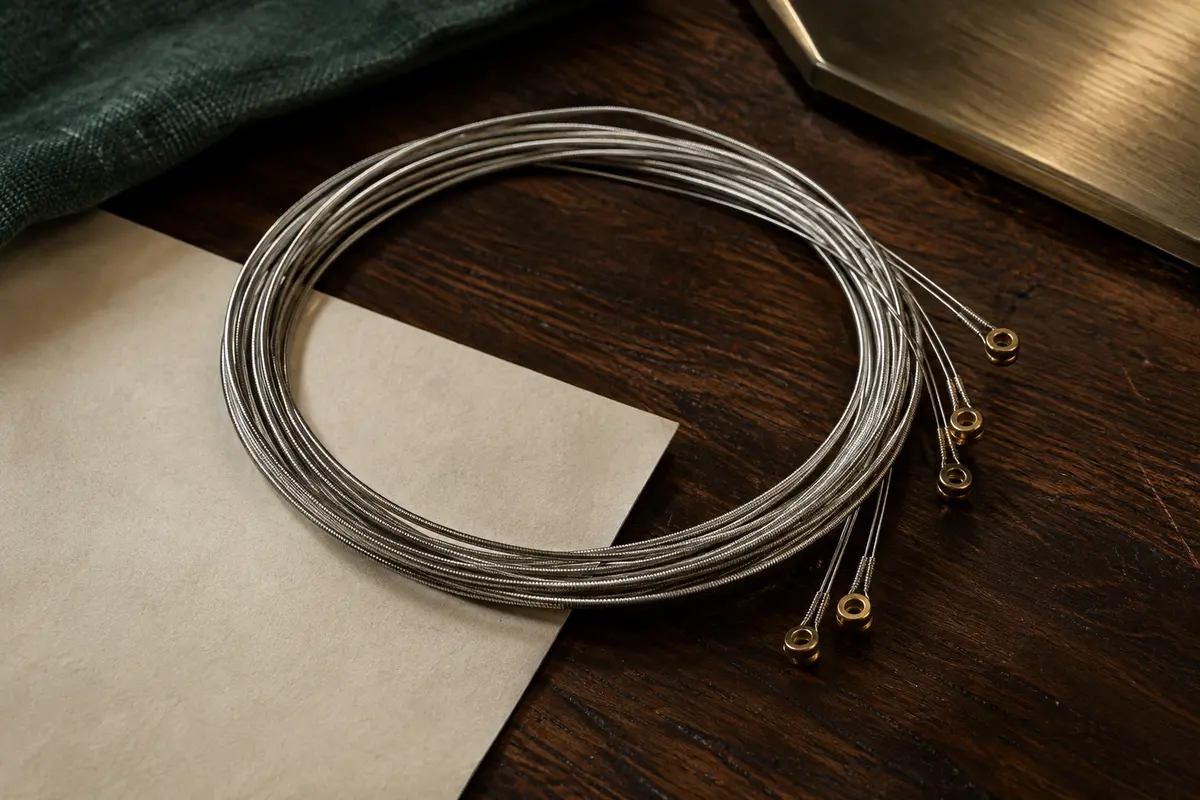 Jeu de cordes métalliques pour guitare électrique enroulées sur un fond de bois sombre et de papier ivoire.