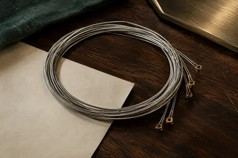 Jeu de cordes métalliques pour guitare électrique enroulées sur un fond de bois sombre et de papier ivoire.