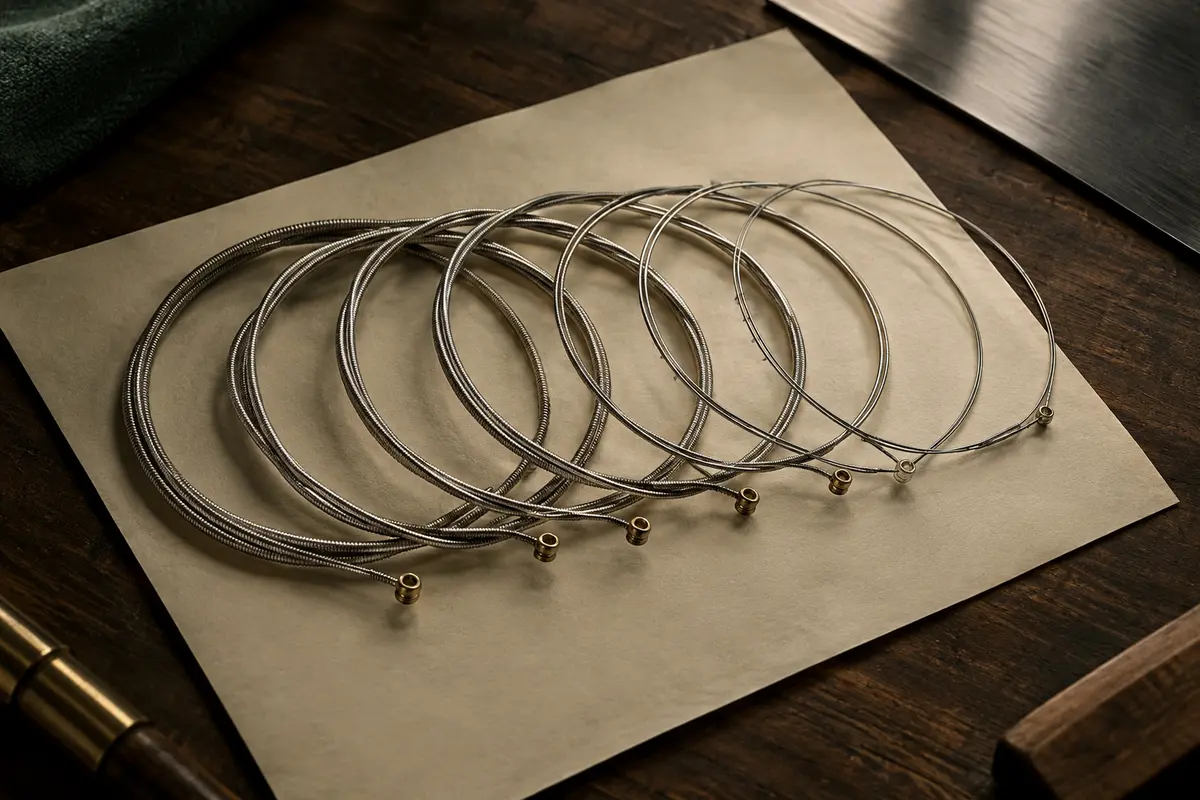 Jeu de cordes métalliques pour guitare électrique posé sur un papier ivoire dans un décor d’atelier sombre.